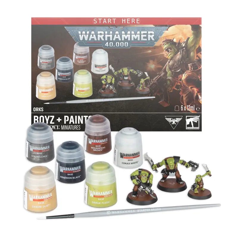 Orks boyz, games workshop, kit 3 miniaturi nepictate, 6 vopsele si 1 pensula, model 60-05